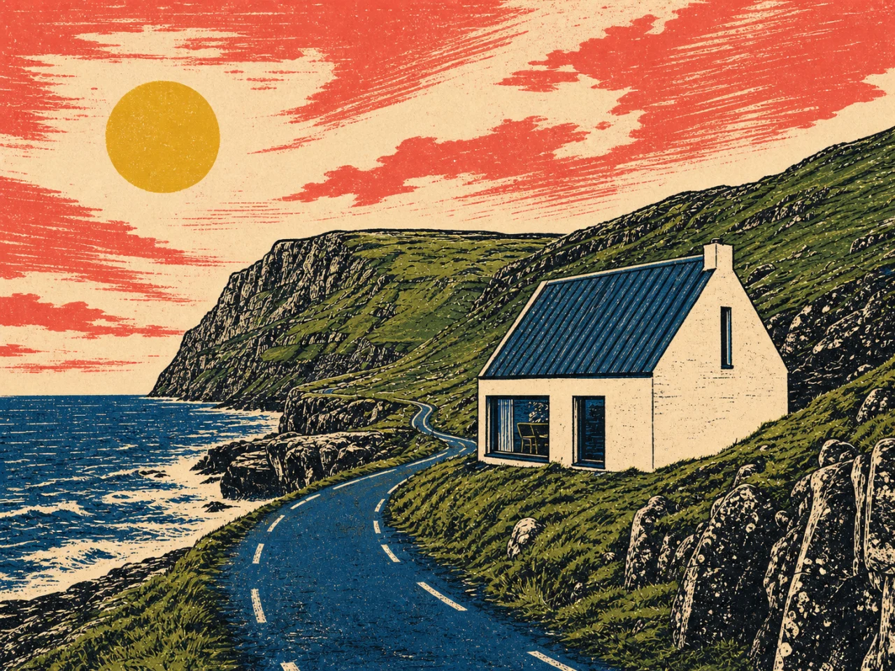 After: A coastal cabin photograph changed into a relief-print illustration