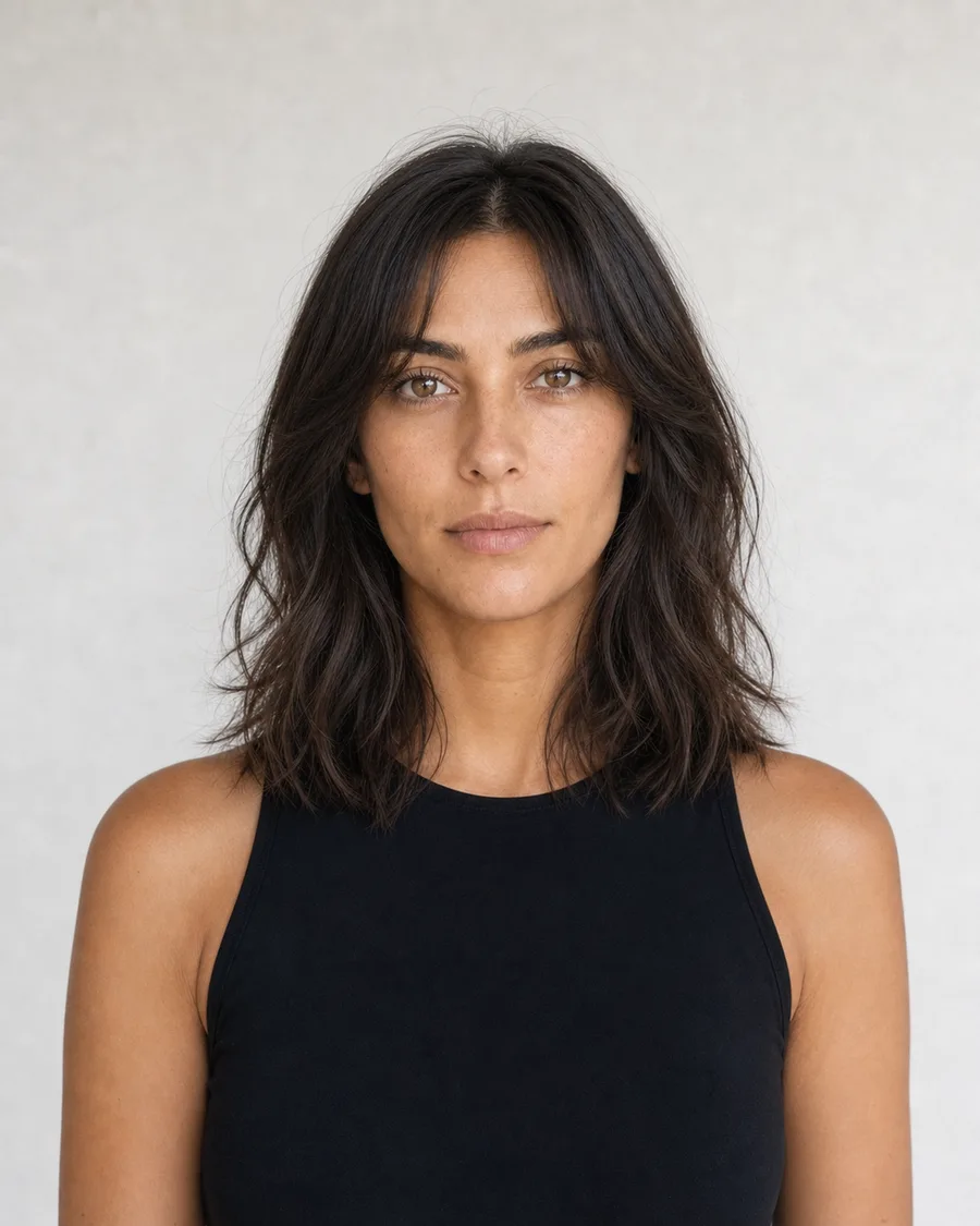 After: Portrait before and after an AI shoulder-length hairstyle change